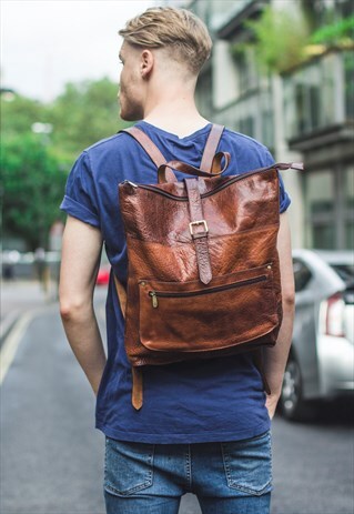 BROWN GRAINED LEATHER WORK / LAPTOP BACKPACK