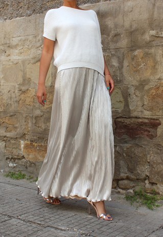 PLEATED MAXI SKIRT,SILVER SKIRT,LONG SKIRT,SILVER MAXI SKIRT