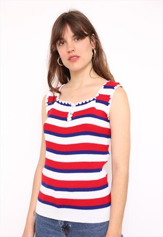 VINTAGE 70S RED STRIPE STRETCH KNIT T-SHIRT TOP