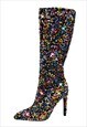 SEQUINS POINTED TOE STILETTO KNEE BOOTS