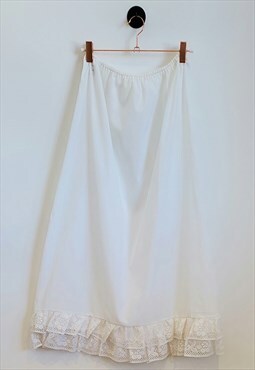 Vintage 80s Lace Time Ruffle Maxi Mini Slip Skirt White