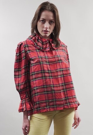 VINTAGE 80'S PREMIUM RED TARTAN FRILL COLLAR BLOUSE