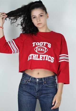 RED VINTAGE 90S CROP TOP SIZE L WITH TOOT'S ATHLETICS PRINT