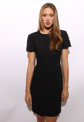VINTAGE 1980'S 80'S BEADED EMBELLISHED BLACK DRESS S-M