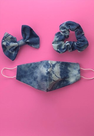 TIE DYE DENIM FACE COVERING SET WITH SCRUNCHIE OR HAIR BOW