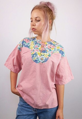 VINTAGE 80'S OVERSIZED COTTON BLOUSE IN BLUSH PINK