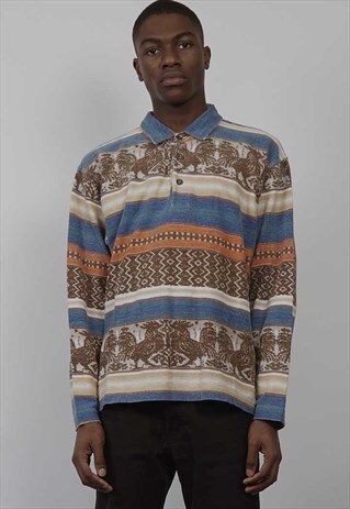VINTAGE 80'S WAMPUM PATTERN STRIPE PULLOVER SHIRT