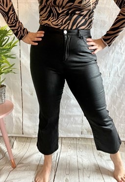 Vintage Black Leather Style Cropped Flares Y2K Trousers