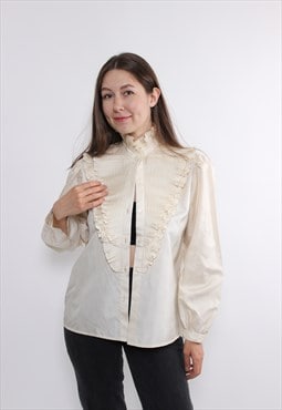 80s ruffled collar blouse, vintage puff sleeve button front 