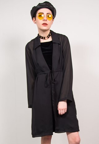 VINTAGE 90'S SHEER BLACK LONG SLEEVE OPEN KIMONO SHIRT
