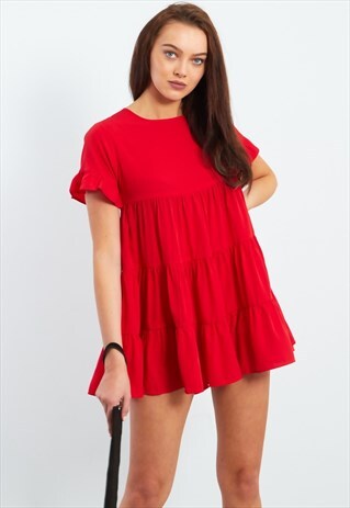 RED SHORT SLEEVE FRILL DRESS
