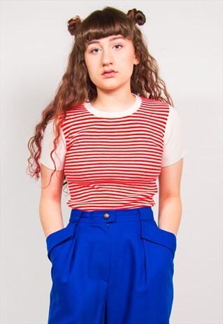VINTAGE 70'S RED STRIPED KNIT RIBBED TOP