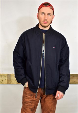 VINTAGE TOMMY HILFIGER NAVY BEIGE REVERSIBLE BOMBER JACKET