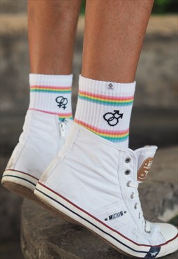 White socks with inscription FREE PLANET and rainbow LGBT...