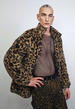 Animal print fleece jacket brown leopard coat zip up cheetah