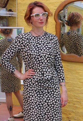 VINTAGE 90'S BLACK WHITE LEAF PATTERN DRESS SIZE 8 10