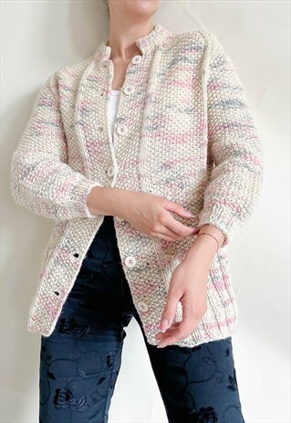 VINTAGE 80S PASTEL KNIT BOXY HIGH NECK WOMEN CARDIGAN S