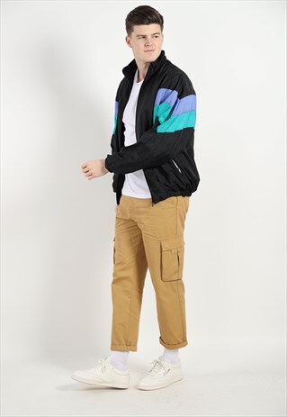 VINTAGE 80S COLOUR BLOCK WINDBREAKER JACKET BLACK