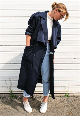 VINTAGE 90S NAVY BLUE OVERSIZED TRENCH COAT