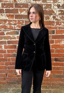 70's Vintage Black Velvet Blazer Jacket Dagger Collar