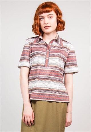 70'S VINTAGE PAISLEY STRIPE PATTERN SHORT SLEEVE BLOUSE