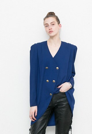 VINTAGE BLAZER JACKET DARK BLUE ASYMMETRIC DOUBLE BREASTED