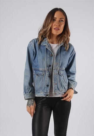 VINTAGE DENIM JACKET BLUE TIGERS UK 8 XS (GO1W)