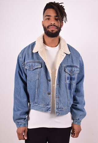 WAMPUM MENS VINTAGE SHERPA DENIM JACKET XL BLUE 90S