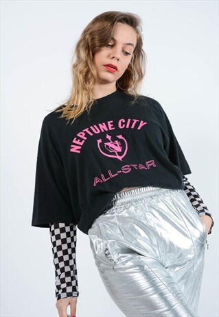 VINTAGE T-SHIRT WITH NEPTUNE CITY PRINT IN BLACK