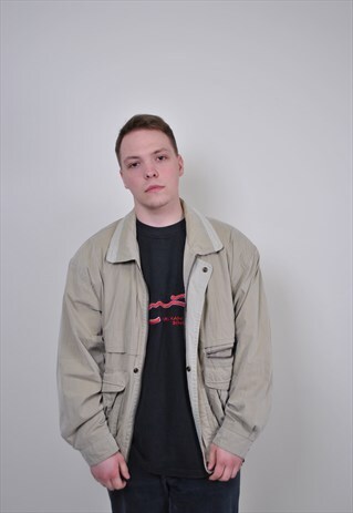80S BEIGE HERITAGE JACKET, VINTAGE OVERSIZE BOMBER JACKET