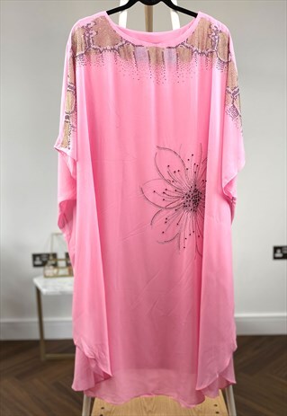 STUD EMBELLISHED FLORAL PATTERN OVERSIZED KAFTAN DRESS PINK