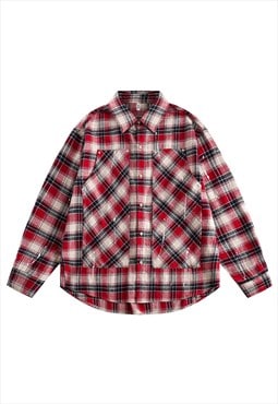 Checked shirt lumberjack top color block plaid blouse in red