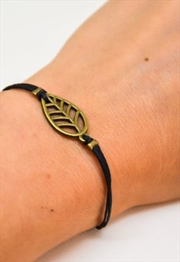 Bronze leaf bracelet for woman black cord gift for her