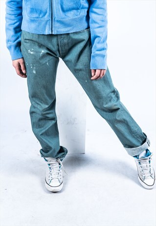 VINTAGE LEVI'S 501 MOM JEANS IN GREEN DENIM WITH PAINT MARKS