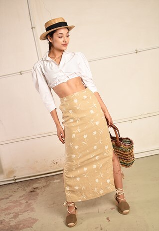 90'S RETRO FLORAL LINEN PARIS CHIC FESTIVAL MIDI SKIRT