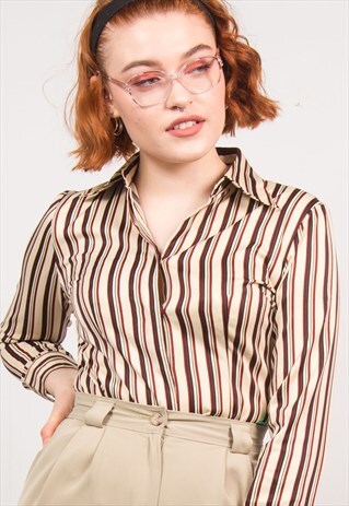 VINTAGE 70'S RED & CREAM STRIPED OPEN COLLAR SHIRT