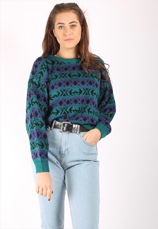 VINTAGE 80S CROPPED JUMPER IN TURQUOISE GEOMETRIC PATTERN