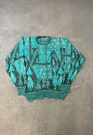 VINTAGE KNITTED JUMPER ABSTRACT PATTERNED GRANDAD SWEATER