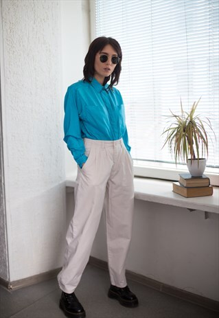 VINTAGE 80'S CREAM COTTON HIGH WAISTED TROUSERS