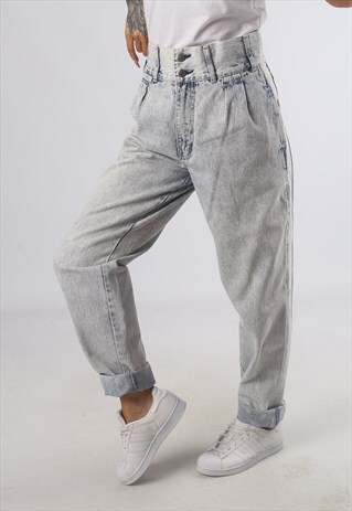 VINTAGE HIGH WAISTED DENIM JEANS ACID WASH UK 12 (G2A)