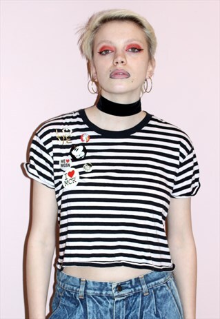 VINTAGE 90S STRIPED BRETON T-SHIRT WITH PIN BADGES PUNK DIY