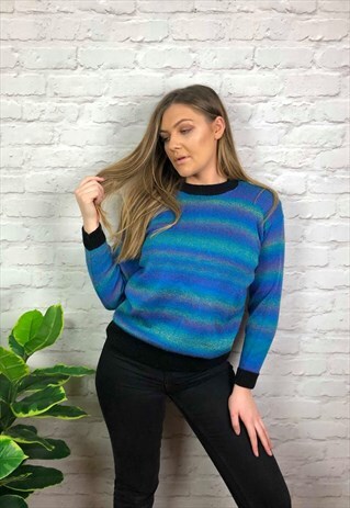 VINTAGE HIPPIE STYLE MULTI COLOURED THIN KNIT JUMPER UK 10