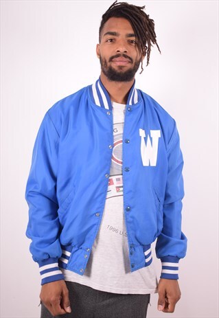 MENS VINTAGE WESTFIELD BLUE DEVILS BOMBER JACKET LARGE BLUE