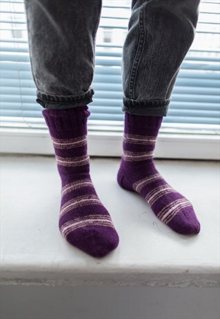 PURPLE STRIPED HANDMADE KNITTED WOOL SOCKS