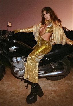 Gold Backless Sparkly Glitter Disco Party Jumpsuit 