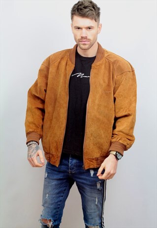 1990'S VINTAGE OVERSIZED SUEDE BOMBER JACKET IN TAN