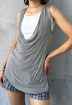 Vintage 00's Casual Grey Chunky Cowl Neck Knit Top 