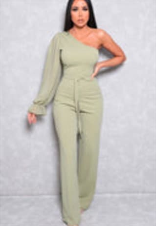 Sage Mesh One Shoulder Sleeve Flare Leg Jumpsuit