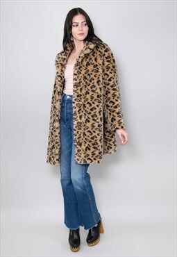 80's Ladies Vintage Coat Animal Print Brown Faux Fur Jacket