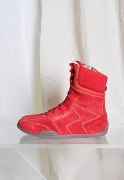 Y2K Red Suede Leather Boxing Style High Top Boots